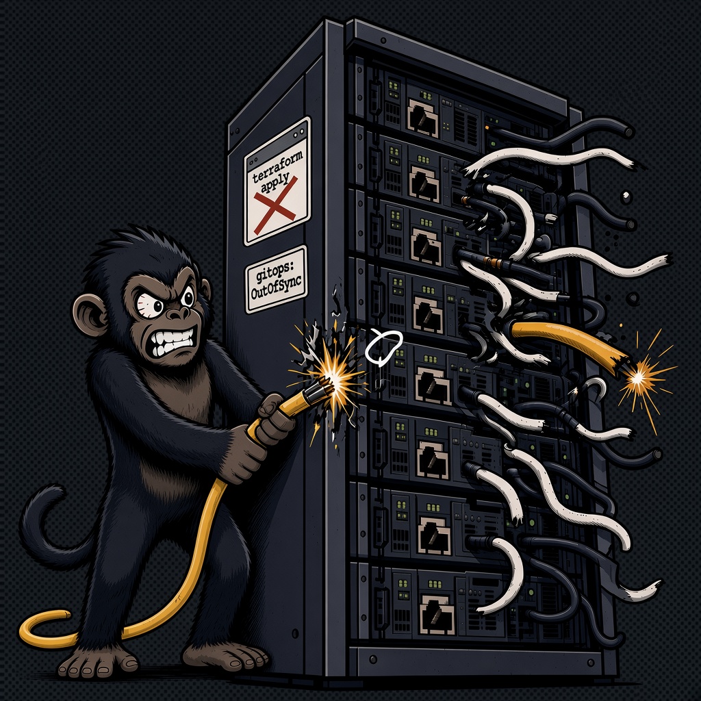 Platform Monkey mascot, furious, ripping cables out of a datacenter rack after a bad terraform apply and an OutOfSync GitOps deploy