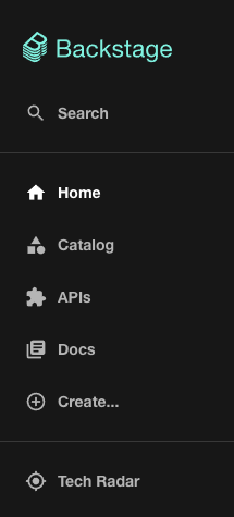 Backstage sidebar showing the Software Catalog and plugin navigation