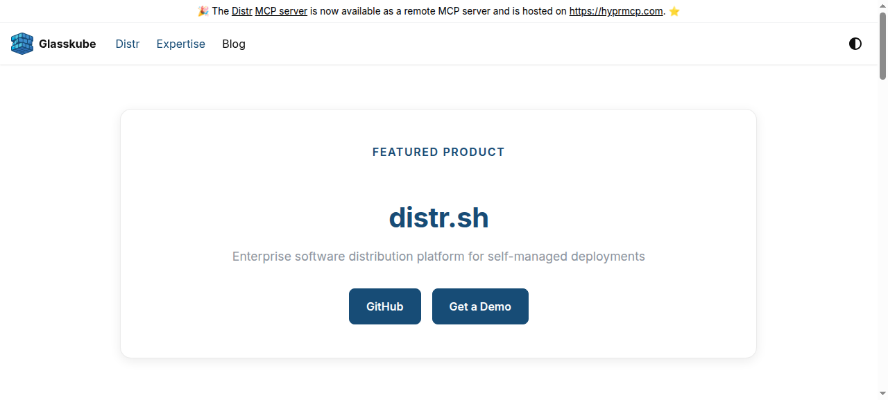 Glasskube company homepage featuring Distr, with the line 'Previously created a Kubernetes package manager and operator (now deprecated)'